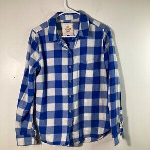 Womens So Perfect Shirt Buffalo Plaid Flannel Shirt Blue White Cotton L fits lik